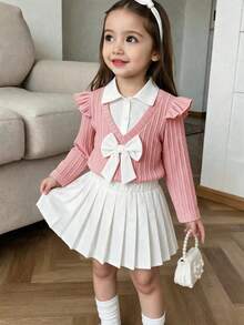 2pcs/Set Girls Sweet Academy Style Large Bow Decor Patchwork Shirt POLO Collar 2-In-1 Long Sleeve Top With Classic Versatile Pleated Skirt Outfit, Spring/Autumn - Pink - View 1