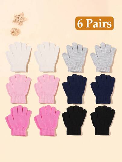 6 pares de guantes cálidos de punto elástico de unicolor para niños, con puño acanalado, flexibles de cinco dedos, adecuados para niños en la escuela, uso diario, invierno y actividades al aire libre