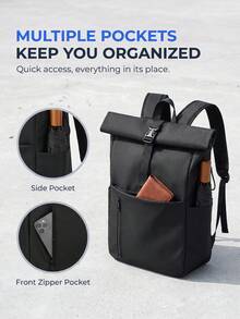 NEWHEY Men's Roll Top Backpack, Water Resistant Laptop Backpack, Large Capacity Casual Daypack For Business Commute Travel School - Black - View 2