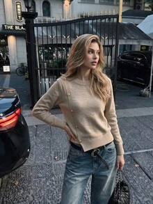Aflion Áo len dệt kim nữ cổ tròn tay dài màu kaki cho mùa thu đông, trang trí cúc vàng chéo, phù hợp đi học, hẹn hò và Giáng sinh - Màu Khaki - Xem 9