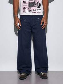 Modcrash New Men's Fashion Loose Wide Leg Pants, Vintage Metal Rivet Decoration, Quality Textured Design, With Pockets Daily Wear, Office And Casual - Navy Blue - View 1