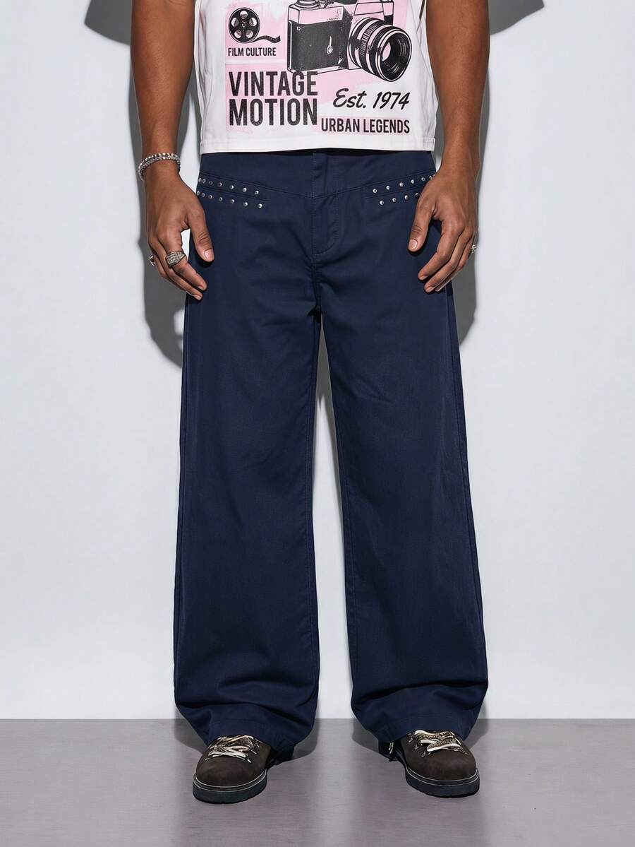 Modcrash New Men's Fashion Loose Wide Leg Pants, Vintage Metal Rivet Decoration, Quality Textured Design, With Pockets Daily Wear, Office And Casual - Navy Blue - View 1