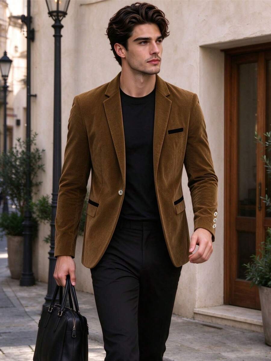 Men's Vintage Corduroy Blazer, Suitable For Light Business Office, Client Meetings, Daily Commute Wear - Khaki - View 1