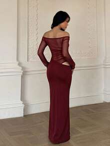 Autumn And Winter, Elegant Dress, Draped See-Through Patchwork Party Dress, Suitable For Back-To-School Dance, Halloween, Christmas, Birthday - Burgundy - View 4