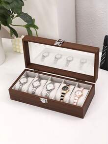 New Walnut Wooden Watch Display Storage Box, Multiple Styles Available: 3/5/6/10/12 Slots, Glass Lid With Window, Large Capacity Watch Collection Box, Home Office Display Case, Holiday Gift - Brown - View 3