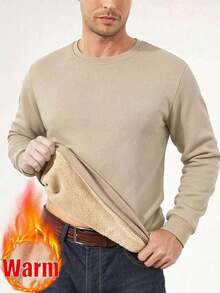Men's Autumn/Winter Casual Fashion Slim Fit Thermal Lined Thick Warm Crew Neck Sweatshirt - Khaki - View 2
