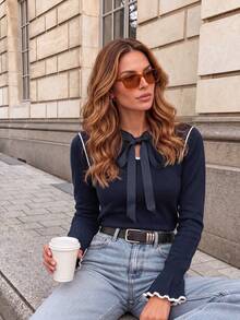 Sweet Elegant Women's Tie-Front Contrast Color Ruffle Sleeve Textured Slim Fit Sweater, Casual Party Holiday Top For Autumn/Winter - Navy Blue - View 5