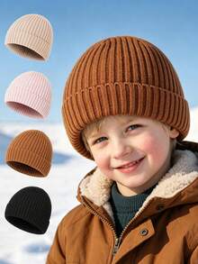 Autumn/Winter Children's Ear Protection Knitted Hat, Solid Color Striped Soft Yarn Beanie, 3-8 Years Old Boys & Girls Versatile Cold Weather Hat - Multicolor - View 1