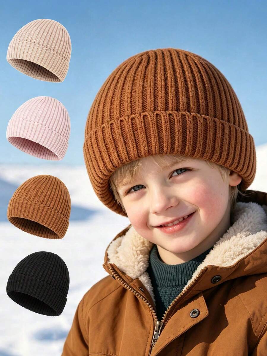 Autumn/Winter Children's Ear Protection Knitted Hat, Solid Color Striped Soft Yarn Beanie, 3-8 Years Old Boys & Girls Versatile Cold Weather Hat - Multicolor - View 1