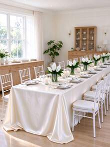 1pc Luxury Satin Tablecloth, Solid Color Rectangular Silky Polyester Fabric Tablecloth, Wrinkle-Resistant Table Cover, Suitable For Wedding Reception, Banquet, Birthday Party, Home, Hotel Restaurant Dining Table Decoration - Beige - View 2