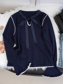 Sweet Elegant Women's Tie-Front Contrast Color Ruffle Sleeve Textured Slim Fit Sweater, Casual Party Holiday Top For Autumn/Winter - Navy Blue - View 6