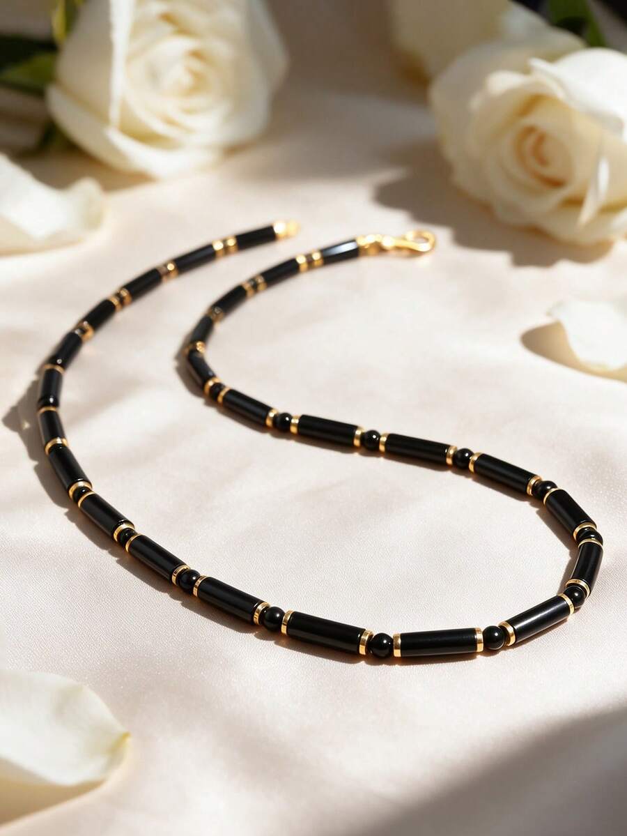 YAUKIA 1pc Minimalist Men'S Black Agate Tube Bead Necklace, Daily Layered Waterproof Necklace Gift For Man/Women - Multicolor - View 1