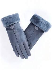 Faux Suede Fabric Full Finger Gloves, Slim Straight Shape With Plush Furry Cuff & Small Label Decoration, Touch Screen Design For Phone Operation,For Daily Commute, Shopping, Outdoor Walking, Christmas, New Year, Cold Autumn And Winter Days - Multicolor - View 9
