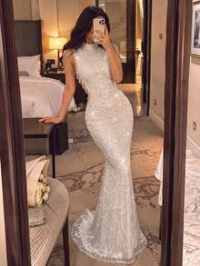 Elegant High Neck Mermaid Style Evening Gown, Embellished With Beaded Design, Fitted Silhouette White - White - View 5