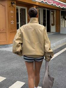 DEEKA 春/秋新款女款寬鬆大碼歐美風時尚極簡百搭人造皮革夾克 - 卡其色 - 查看 11