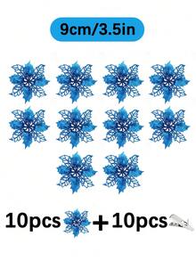 1件/5件/10件/20件 亮面聖誕花，適用於聖誕樹和花環，直徑3.5英吋/5.9英吋/9.45英吋，附夾子，聖誕節假期裝飾，新年派對用品（顏色：藍色） - 藍色 - 查看 20