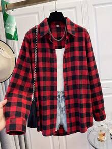 Women's Red Black Plaid Collared Long Sleeve Button Front Shirt Casual Home Office Work Daily Vintage Top Spring Summer Fall Winter - Red and Black - View 3