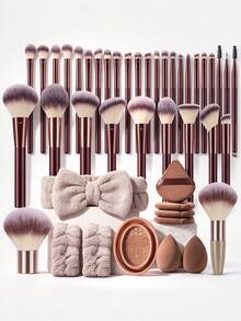 44/32Pcs Total Makeup Tool Kit, Including 32 Pcs Wine Red Flat Tricolor Brushes, 2 Pcs Coffee Short‑Handle Flat Brushes And 10 Pcs Makeup Accessories. Comfortable Grip Handles With Soft Bristles, Gentle Touch On Skin During Makeup Application - Multicolor - View 13