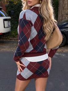 Women Fall Argyle Knit Set Lapel V Neck Long Sleeve Sweater And Mini Skirt Two Pieces Outfit Soft Knitted Casual Autumn Matching Set For Daily Wear - Multicolor - View 2
