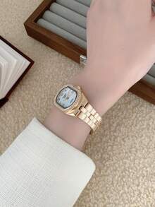 Women's Gold Oval Quartz Watch, Light Luxury Pearl Dial With Crystal Bezel & Link Bracelet - White - View 3