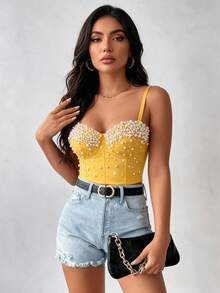 ملابس علوية نسائية كاميسول بتصميم عظم السمكة لتشكيل الجسم، مصنوعة يدويًا باللؤلؤ، متعددة الاستخدامات، الأكثر مبيعًا، بأسلوب موضة العطلات - أصفر - مشاهدة 1