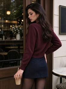 Aflion Women's Fall Winter Purple Crew Neck Button Front Short Cardigan Knit Sweater For Campus, Date And Christmas - Purple - View 2