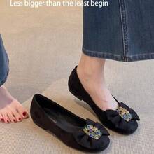 Black Matte Upper, Toe Cap With Fabric Bow + Vintage Rhinestone Decor, Rounded Toe, Shallow Opening Flat Style, Soft Sole Comfortable, Exquisite Luxury Style, Pairs Well With Dresses And Formal Wear, Suitable For Daily, Date, And Commute Wear - Black - View 5