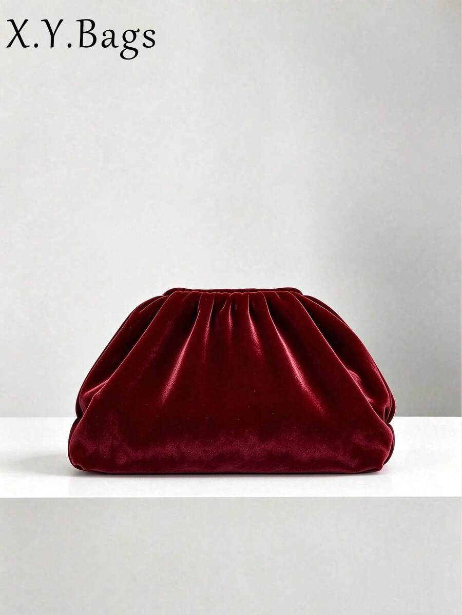 Women Black Velvet Clutch Ruched Cloud Bag Elegant Evening Party Wedding Shoulder Date Night - Burgundy - View 1