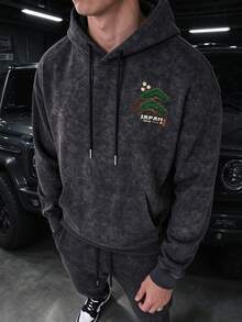 DOPE | New Chinese Style Washed Distressed Hoodie Men's Loose Fit Crane & Pine Tree Back Print National Sweatshirt - Black - View 3