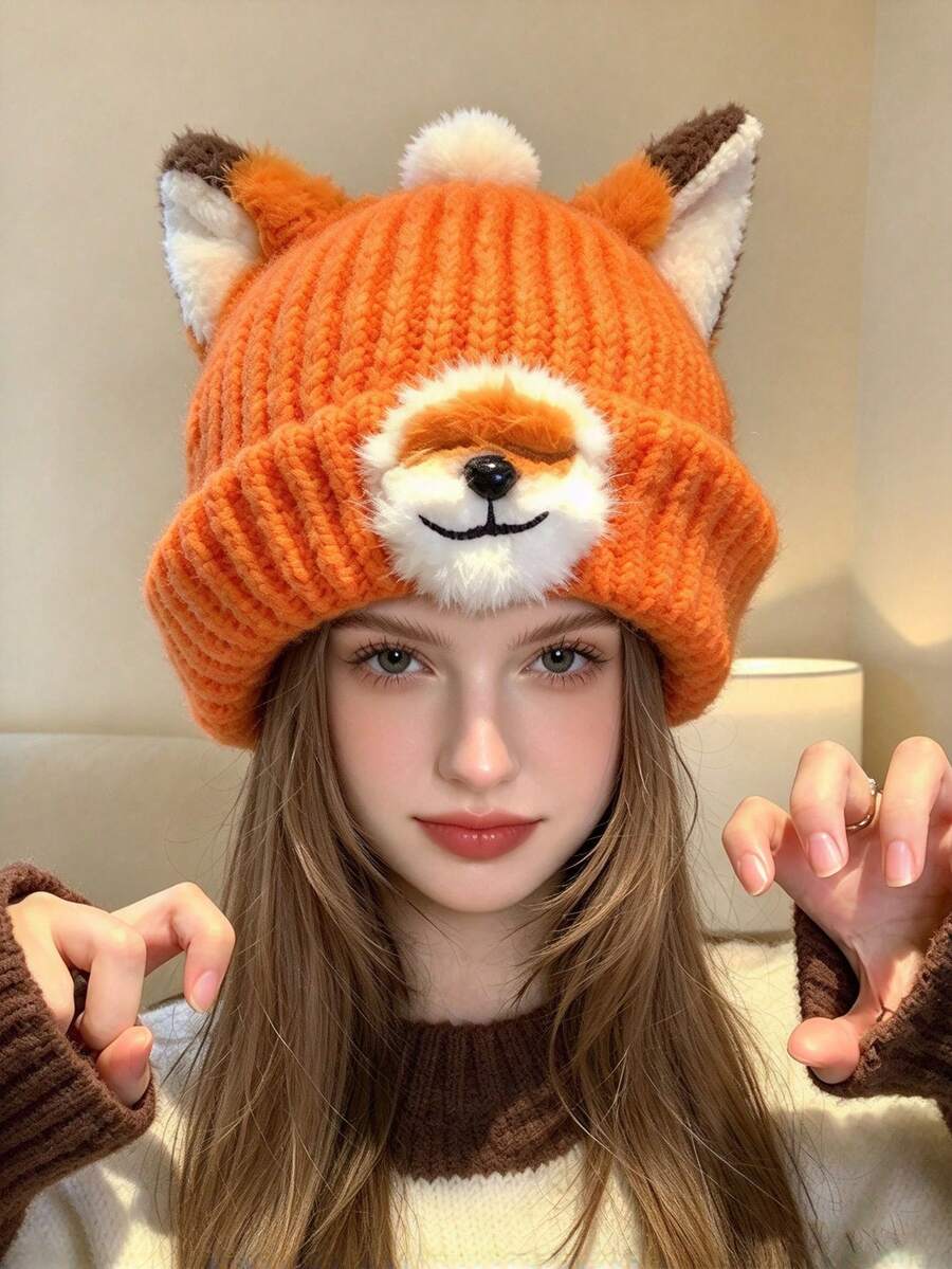 1pc Women's Fox Ear Plush Knit Hat, Autumn/Winter Style, Face-Slimming, Warm And Versatile Knitted Wool Hat - Multicolor - View 1