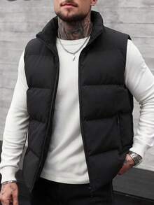 Men's Stand Collar Sleeveless Vest Jacket, Winter Warm Slim Fit Unisex Couple Style Daily Versatile Minimalist Vest Jacket - Black - View 2