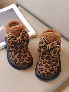 2026 Autumn/Winter New Girls' Low-Top Boots, Leopard Print Bow Decor Thermal Lined Thick Snow Boots, Fashionable Versatile Warm Anti-Slip - Brown - View 2