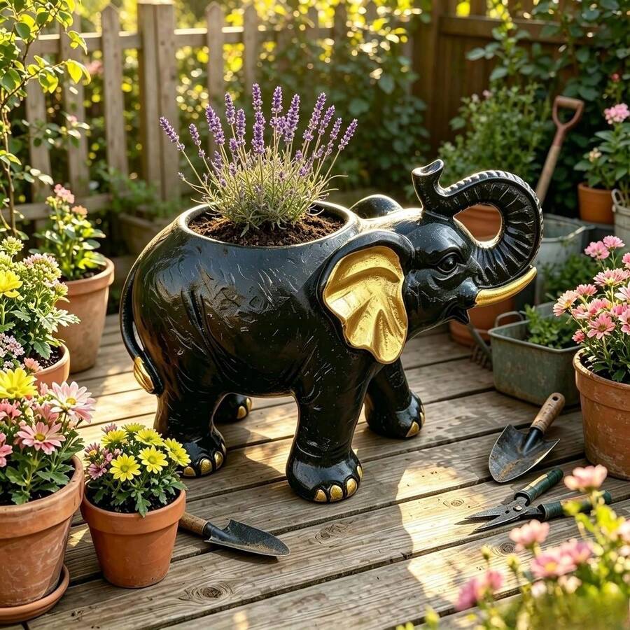 Large Elephant Resin Flowerpots, Windproof Animal-Shaped Pots, Decorative Garden Pots, Outdoor Garden Decor, Courtyard Balcony Home Decorations, Traditional Style - Black - View 1