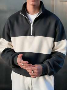 Men's Black & White Contrast Striped 1/4 Zip Stand Collar Sweatshirt, Retro Collegiate Style Loose Fit Pullover - Dark Grey - View 2