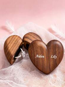 1Pc Customizable Text Wooden Heart-Shaped Ring Box, Suitable For Weddings, Engagements, Proposals, Anniversaries, And Jewelry Storage - Multicolor - View 2