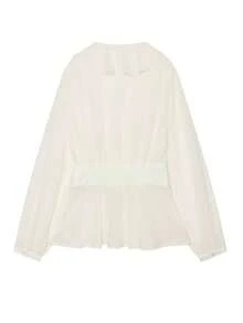 Women's Ruffle Layered Blouse Fall Beige Long Sleeve Shirt Button Up Sheer Chiffon Top Autumn Peplum V Neck Boho Going Out Tops Pleats Elegant Blouses - Beige - View 5