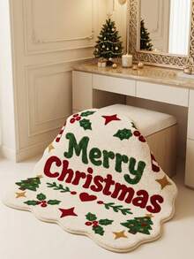 1PC Rice Bottom Wavy Edge Text Christmas Element Pattern Decorative Rug, American Retro Cozy Fun Faux Cashmere Wavy Asymmetrical Machine Washable Carpet, Suitable For Christmas/Entryway Bathroom Kitchen Bedside Blanket/Winter Holiday Atmosphere Mat, Aesthetic Home Decor - Multicolor - View 6