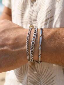 3pcs/Set Men's Stainless Steel Minimalist Fashion Chain Bracelet, Suitable For Daily Wear - Silver - View 1