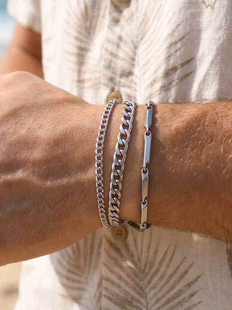 3pcs/Set Men's Stainless Steel Minimalist Fashion Chain Bracelet, Suitable For Daily Wear - Silver - View 1