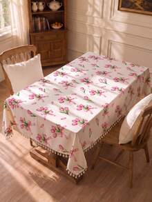 1pc Daily Minimalist Pink Bow Tulip Pattern Polyester Cotton Lace Tablecloth, Stain-Resistant With Tassel Fringe Dining Table Decor Cloth, Suitable For Square And Round Tables, Kitchen, Dining Table, Coffee Table, TV Cabinet, Entryway, Party Holiday Decoration, Home Decor, Family Gathering - Multicolor - View 4