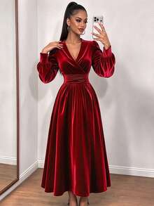 Women's V-Neck Long Dress For Autumn/Winter Party, Christmas, Birthday, Wedding Guest, New Year - Red - View 3