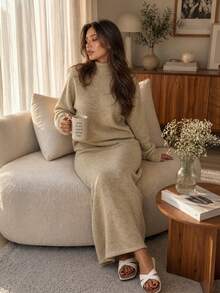 Women Fall Turtleneck Knit Set Long Sleeve Sweater And Maxi Skirt Two Pieces Outfit Soft Knitted Casual Autumn Matching Set For Daily Wear - Khaki - View 9