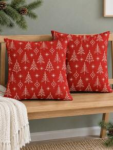 shangxia 2PCS-Red Background Minimalist Line Christmas Tree Print Pillowcase, White Line Star Holiday Sofa Cushion Cover---(Pillow Insert Not Included) - Multicolor - View 7