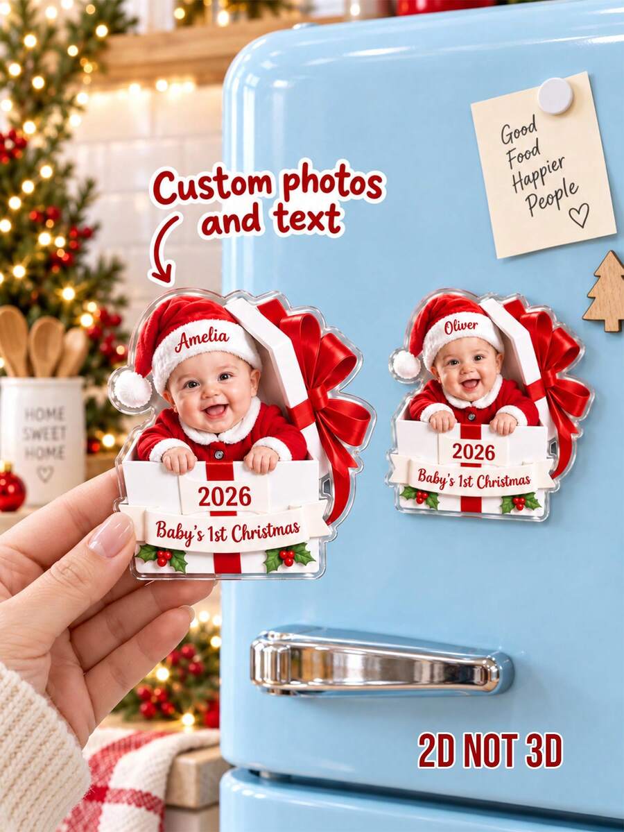 1PC Custom Photo Baby's First Christmas Fridge Magnet, Personalized Name & Year Refrigerator Magnet, Customized Photo Kitchen Home Decoration - Multicolor - View 1