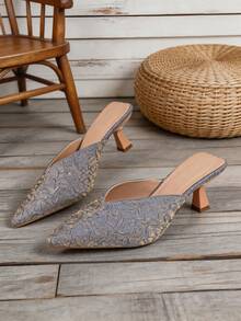 Women's Grey Ruched Texture Pointed Toe Kitten Heel Sandals, Slip On, Elegant New Summer Design Style - Grey - View 6