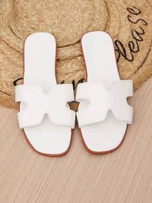 White Fresh Women's Flat Slip-On Sandals, Delicate PU H-Cutout Design, Summer Korean Style, Suitable For Beach Vacation, Afternoon Date And Park Stroll - White - View 2