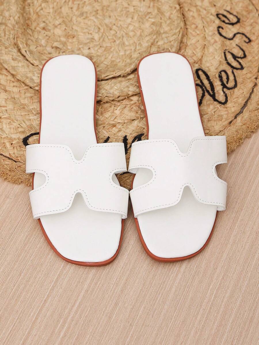White Fresh Women's Flat Slip-On Sandals, Delicate PU H-Cutout Design, Summer Korean Style, Suitable For Beach Vacation, Afternoon Date And Park Stroll