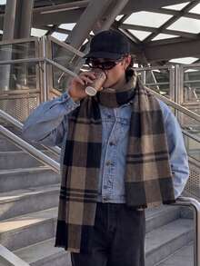 1PC Men's Plaid Warm Scarf, Fashionable And Versatile, Suitable For Autumn/Winter Home Office, Indoor Cold Protection, Holiday Celebrations, Outdoor Commuting - Khaki - View 1
