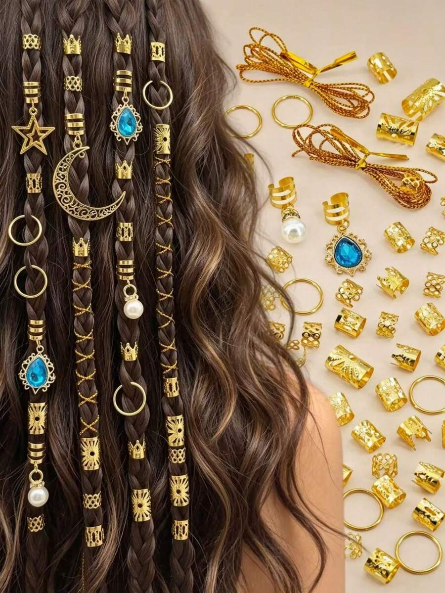 118pcs Gold Star & Moon Hair Accessories Set, Vintage Blue Rhinestone & Pearl Hair Rings, Dreadlock Hair Clips, European & American Hip Hop Braided Hair Ornaments - Multicolor - View 1