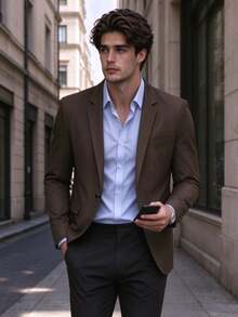 Men's Autumn/Winter Single-Button Slim Fit Suit Jacket, Light Business Style, Suitable For Wedding, Office, Graduation Ball, Ceremony, Daily Work, Anniversary Gift - Coffee Brown - View 2